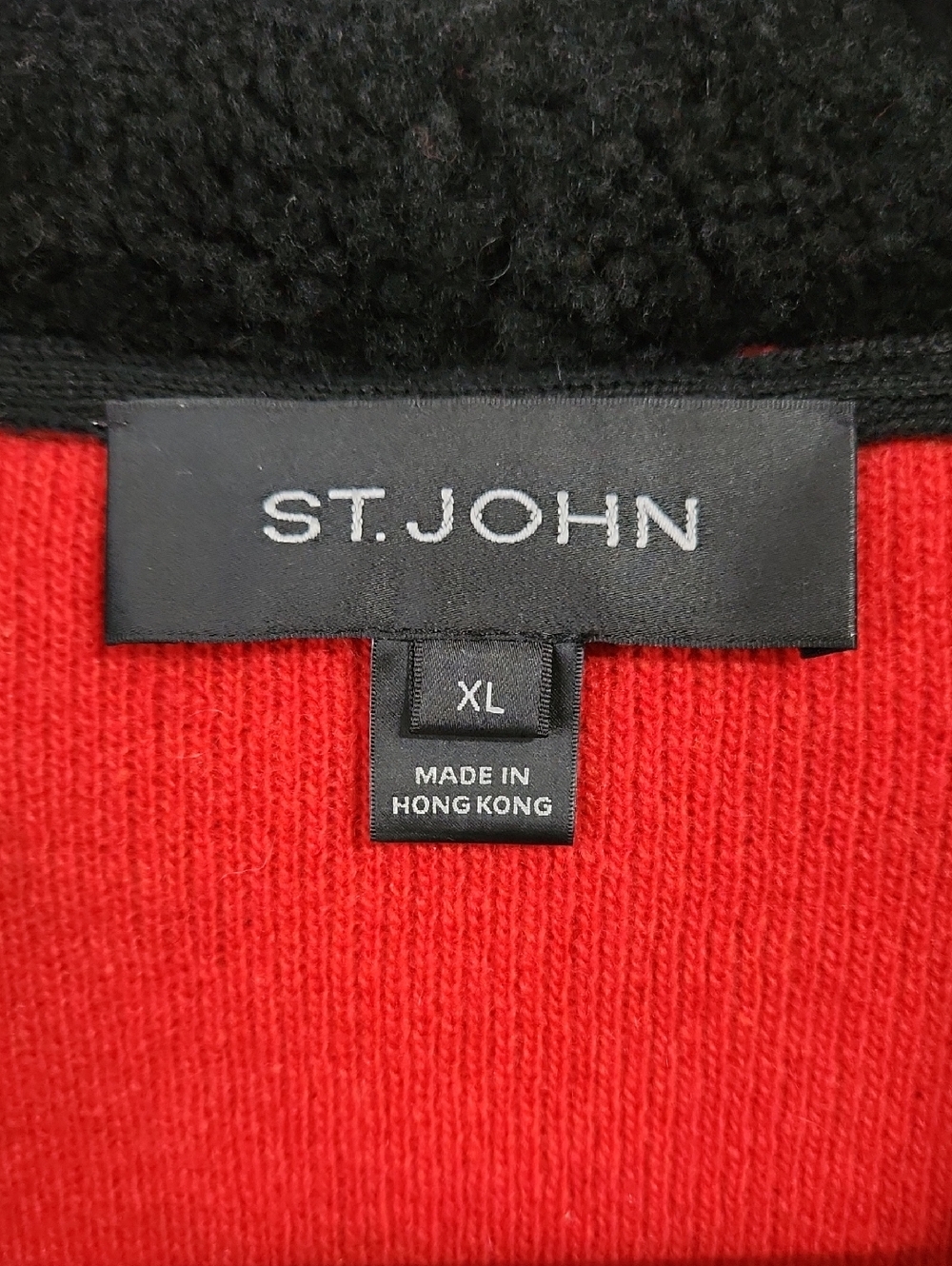 St. John Red/Black Wool Striped Sweater Jacket Fur Collar Size XL - Picture 6 of 13
